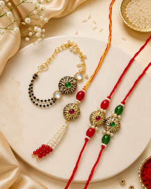 Bhaiya Bhabhi Rakhi Set with Bracelet – Premium Kundan &amp; Pearl Design