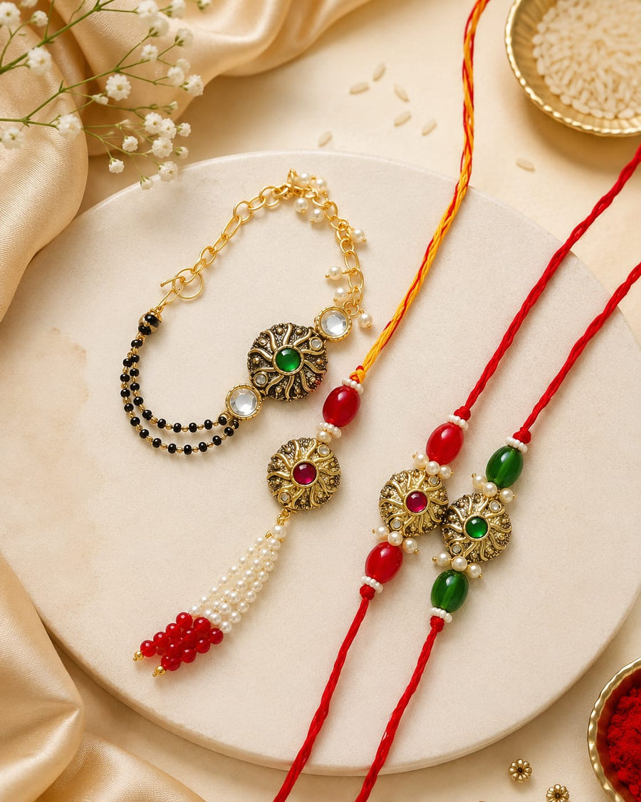 Bhaiya Bhabhi Rakhi Set with Bracelet – Premium Kundan &amp; Pearl Design