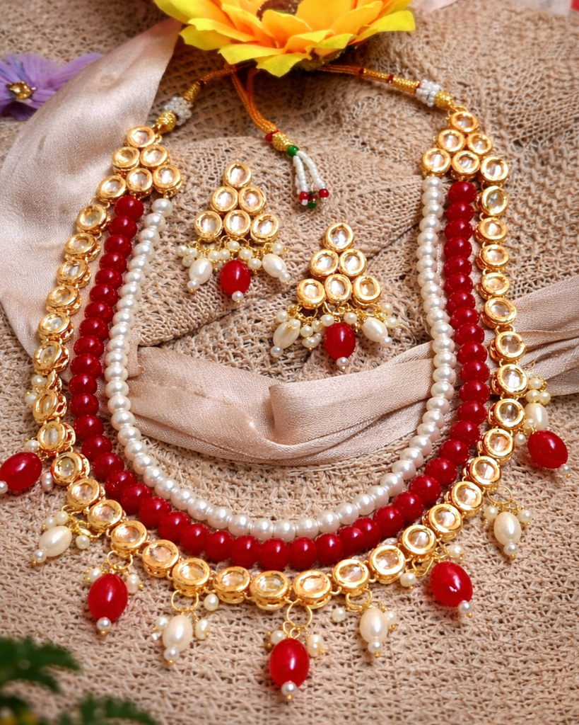 Red Kundan Pearl Necklace Set