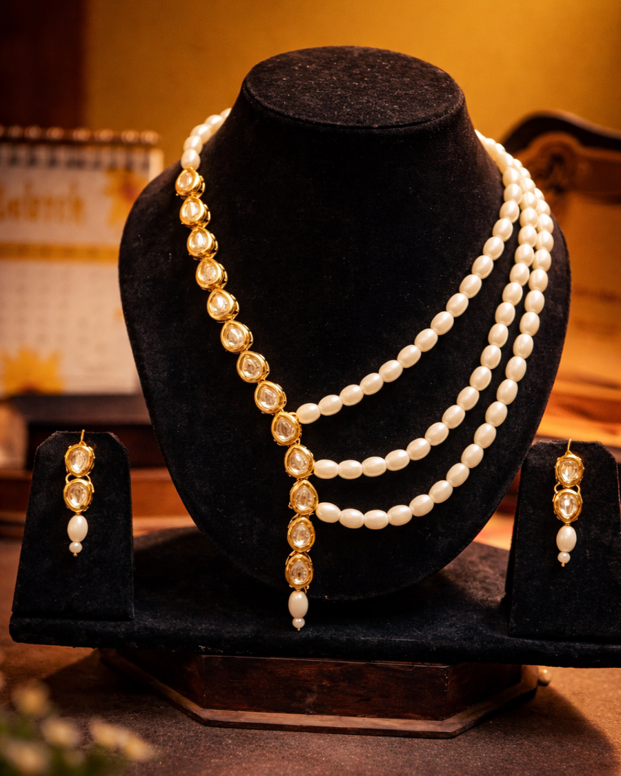 White three layer beaded kundan necklace