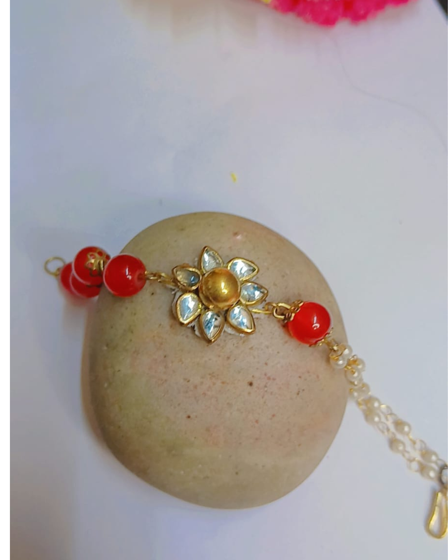 Red Beads Kundan Flower Bracelet