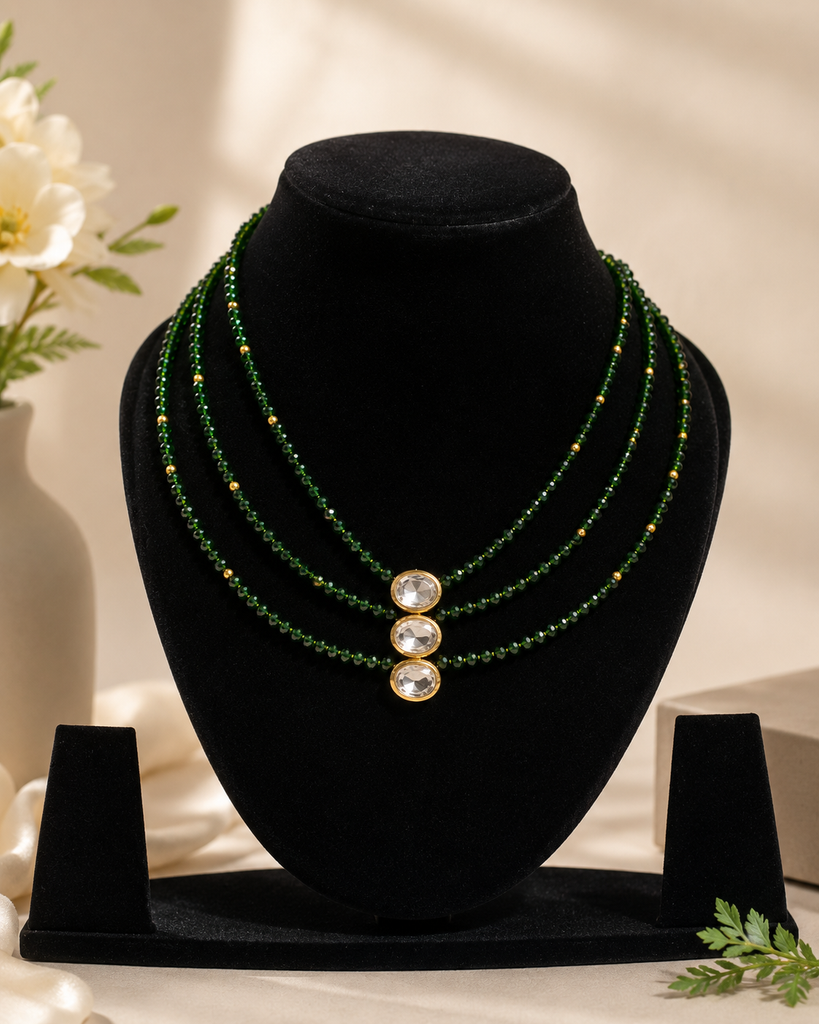 Emerald Green Multi-Layer Beaded Necklace with Kundan Pendant