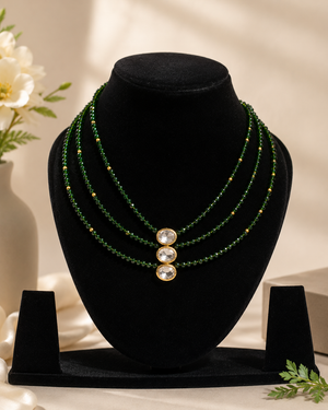 Emerald Green Multi-Layer Beaded Necklace with Kundan Pendant
