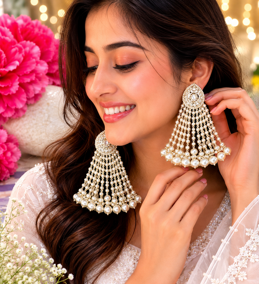 White Pearl Kundan Tassel Earrings ✨