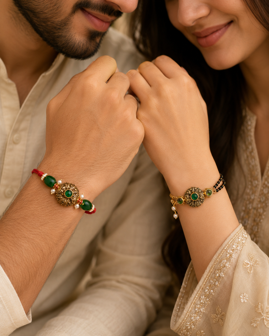 Green kundan couple rakhi set