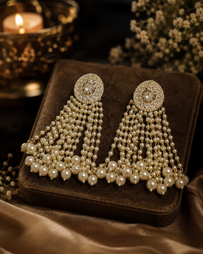 White Pearl Kundan Tassel Earrings ✨
