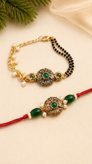 Green kundan couple rakhi set