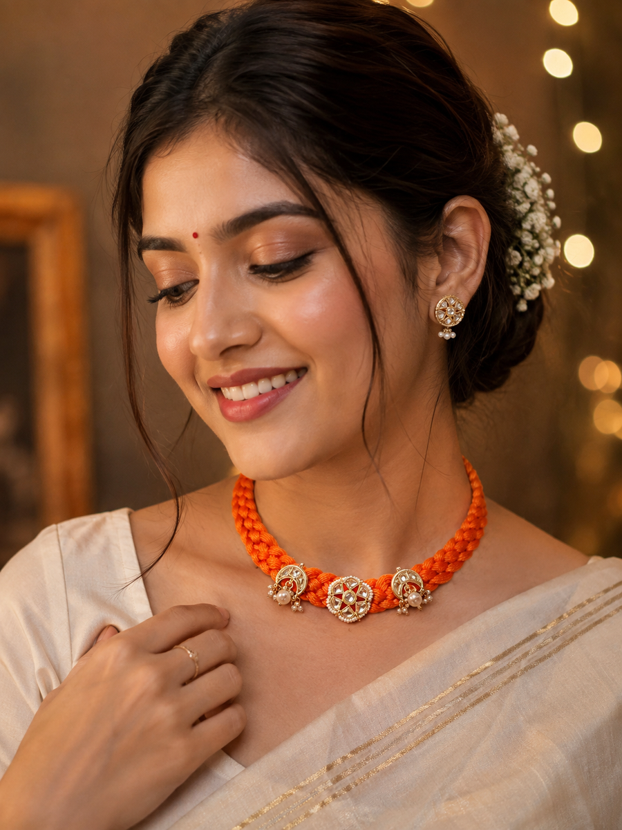 Kundan Orange Fabric Necklace
