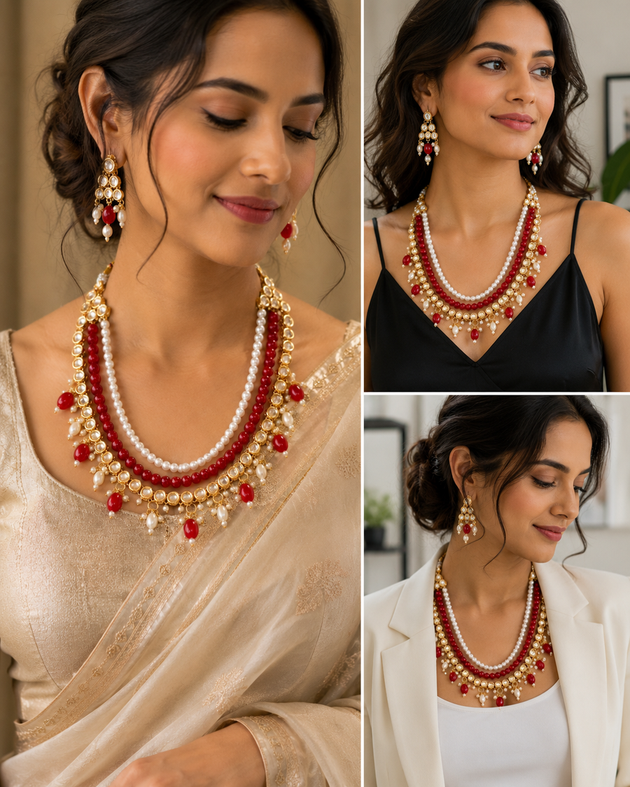 Red Kundan Pearl Necklace Set