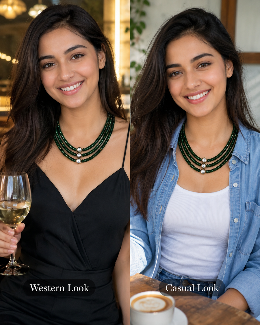 Emerald Green Multi-Layer Beaded Necklace with Kundan Pendant
