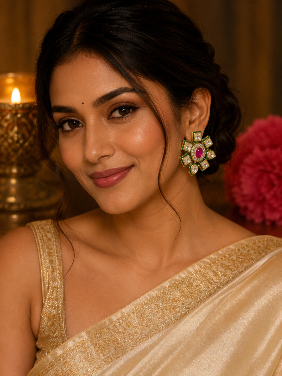 green Kundanfloral  Earrings