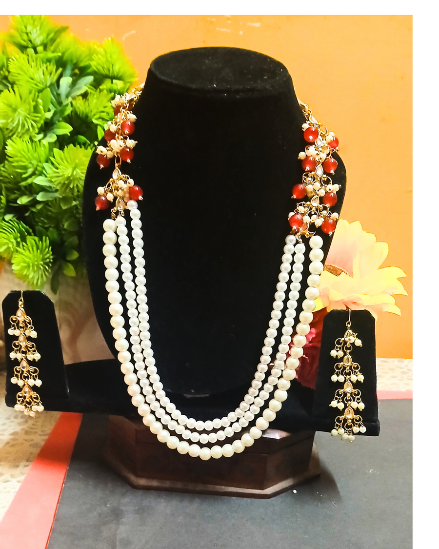 Red Beaded Kundan Pearl Layered Necklace